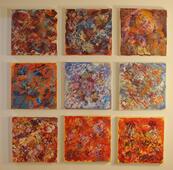 Kosmos. Mischtechnik Öl, Acryl auf Leinwand. Gesamtkunstwerk bestehend aus 9 Arbeiten, 30 x 30.