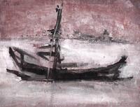 wreck (2020), Tusche, Gouache, Grafit auf Pappe; 16,4 x 22,9 cm, gerahmt